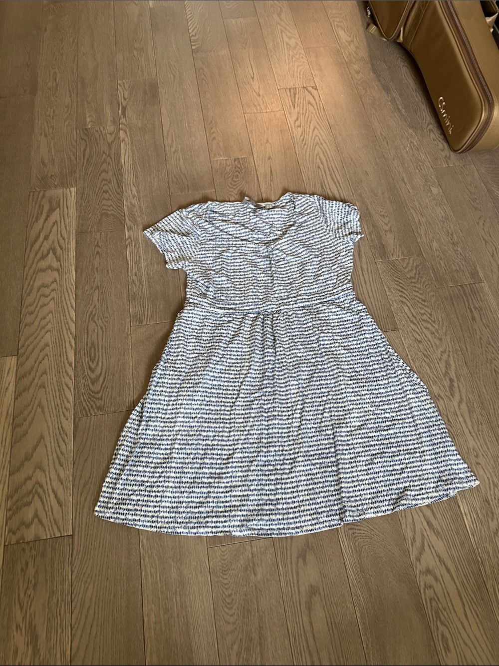 Striped Short-Sleeve A-Line Dress in Navy and White